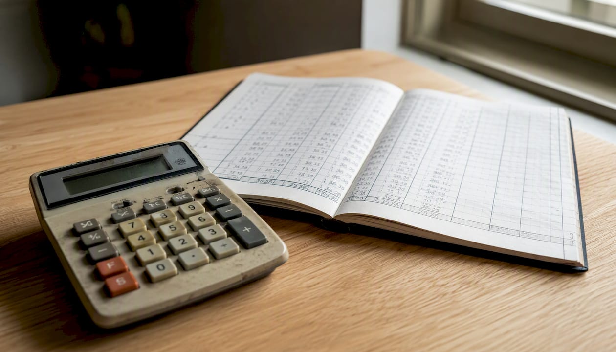 Calculator and monthly cash flow ledger on desk