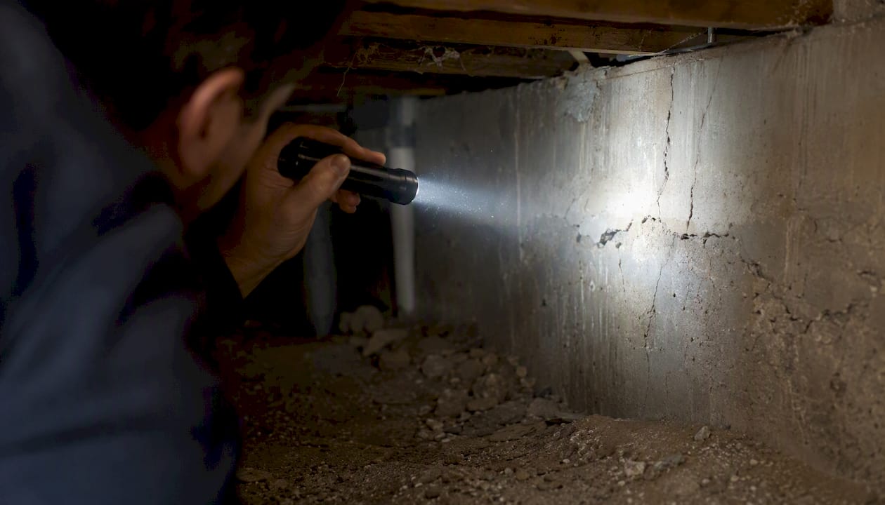Inspecting foundation crack in basement