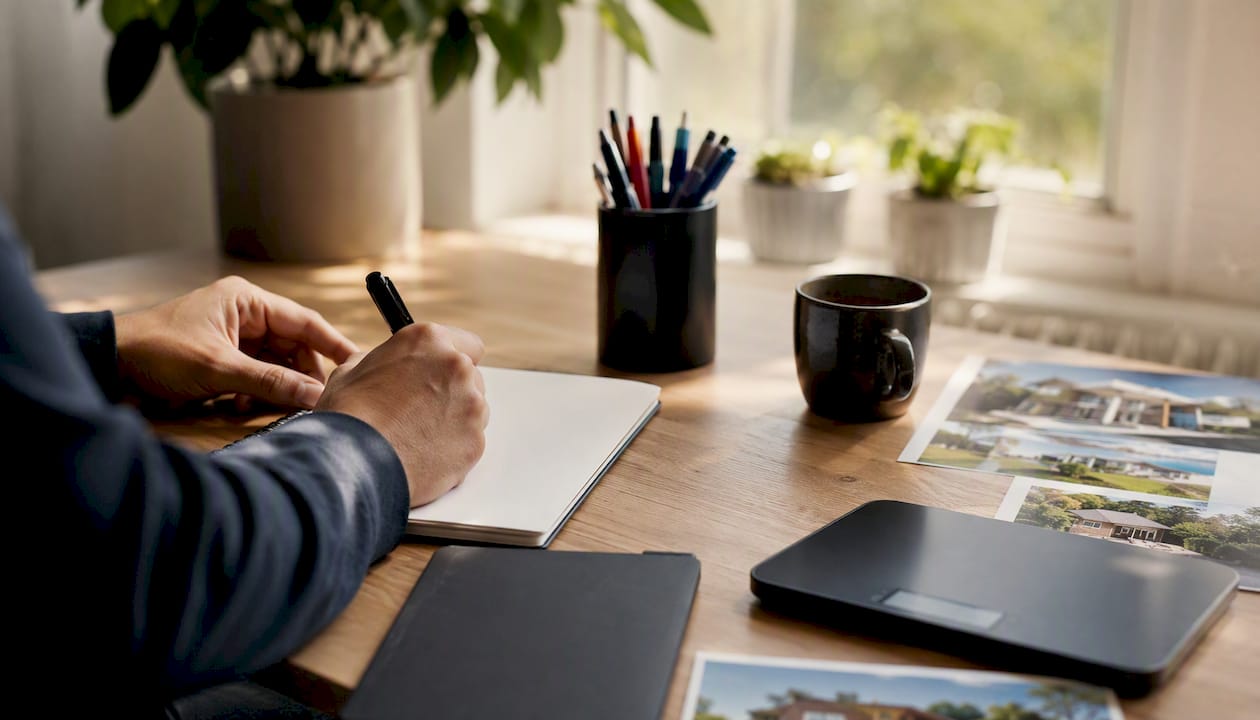 Hands calculating real estate offer at desk