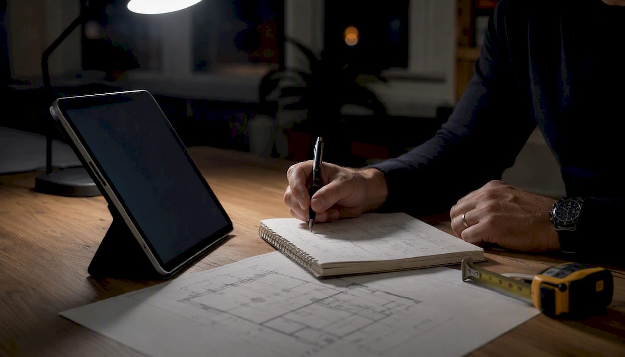 Hands with renovation budget and hold-time notes