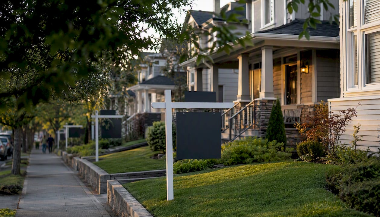 Suburban house with real estate signs