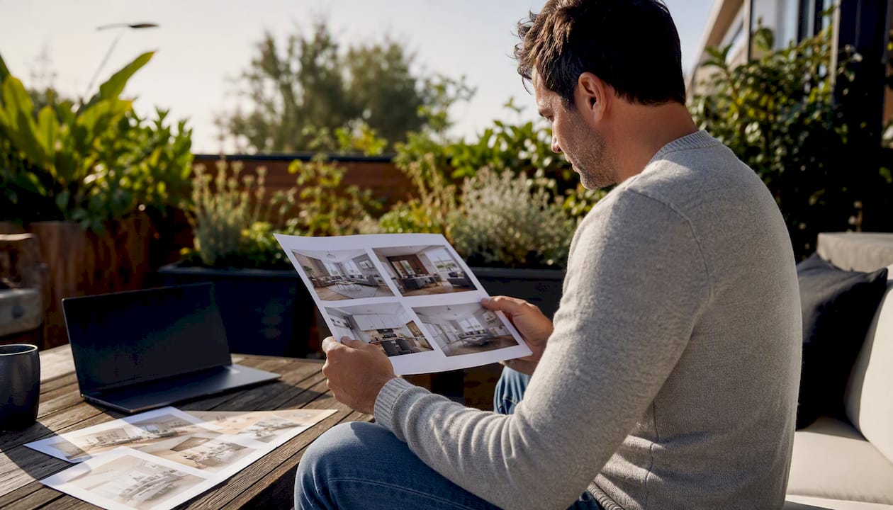 Investor analyzing property photos indoors