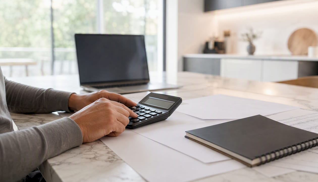 Hands using calculator with floor plan and notes