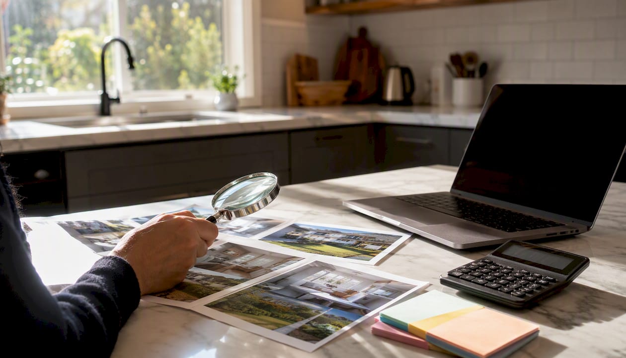 Hand examining property photos with magnifier