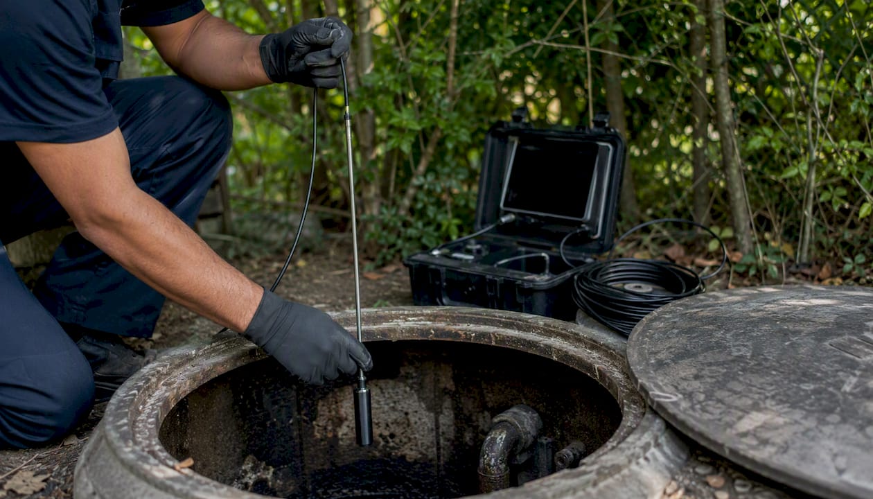 Measuring septic tank sludge depth