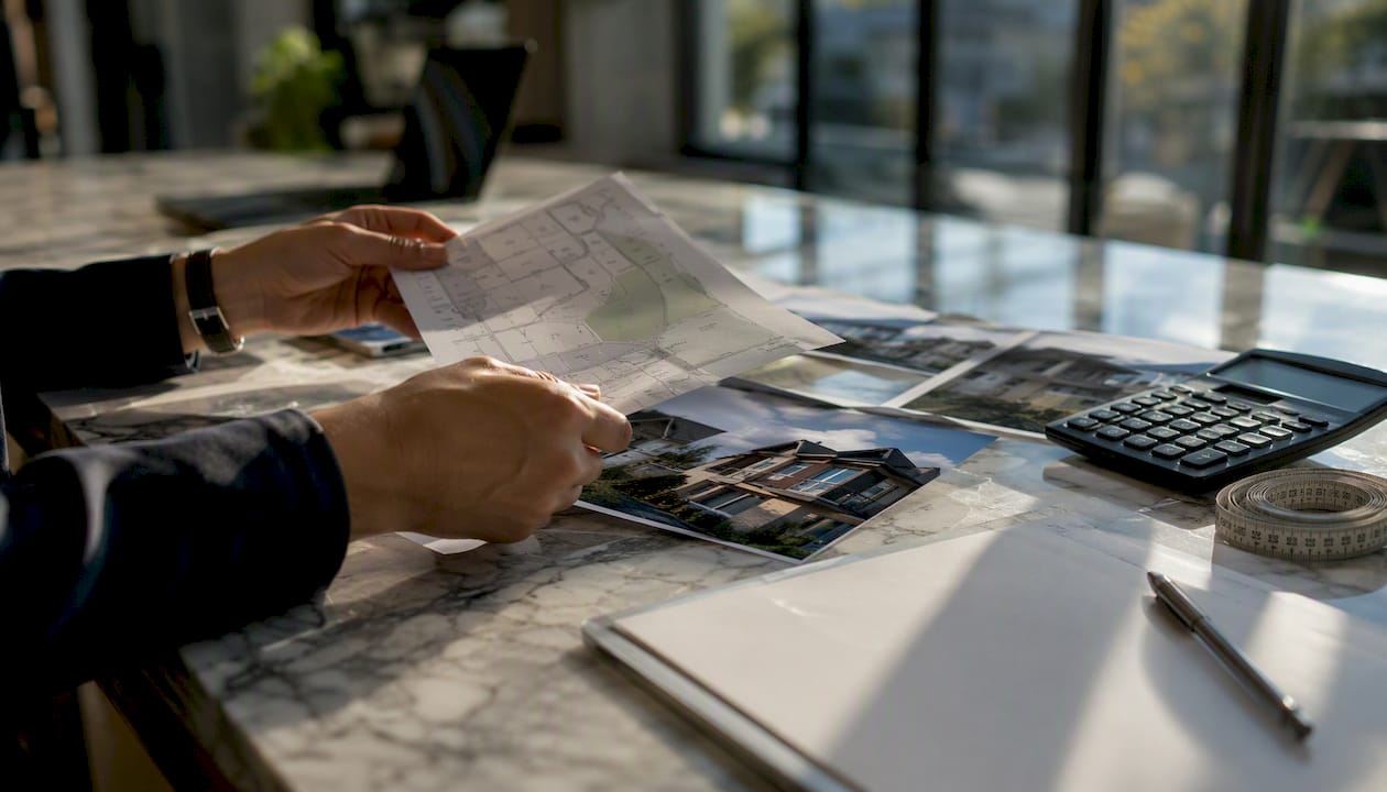 Hands arranging property map and photos on desk
