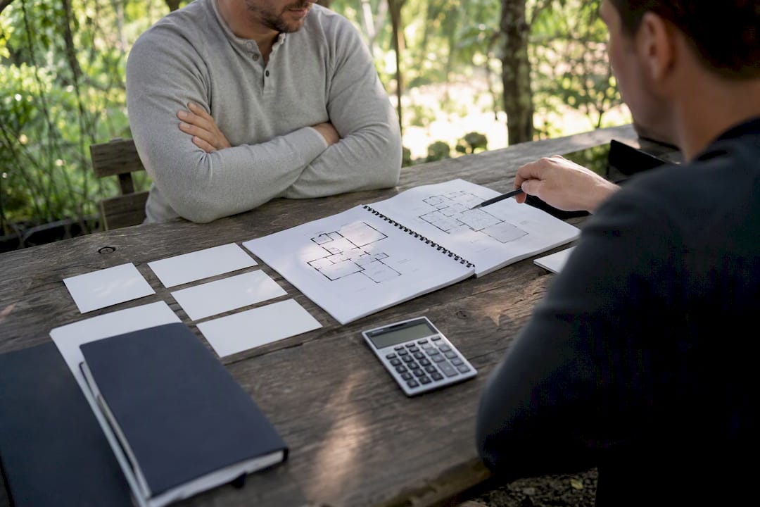 Hand pointing to underwriting documents on meeting table