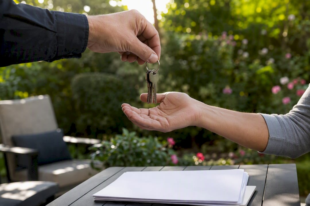Hands exchanging house keys over paperwork