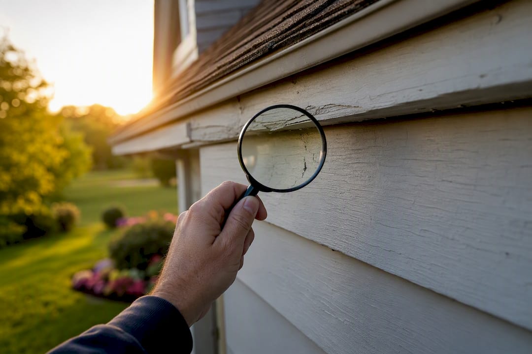 Hand inspecting house exterior detail with magnifier