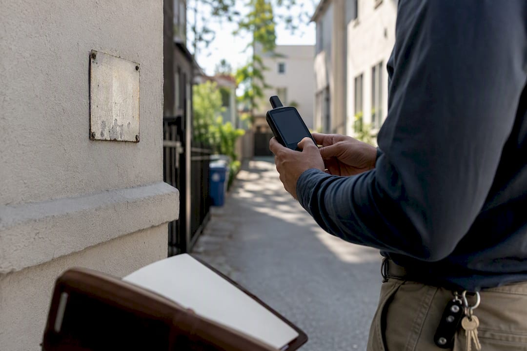 Hands holding communication device near property wall