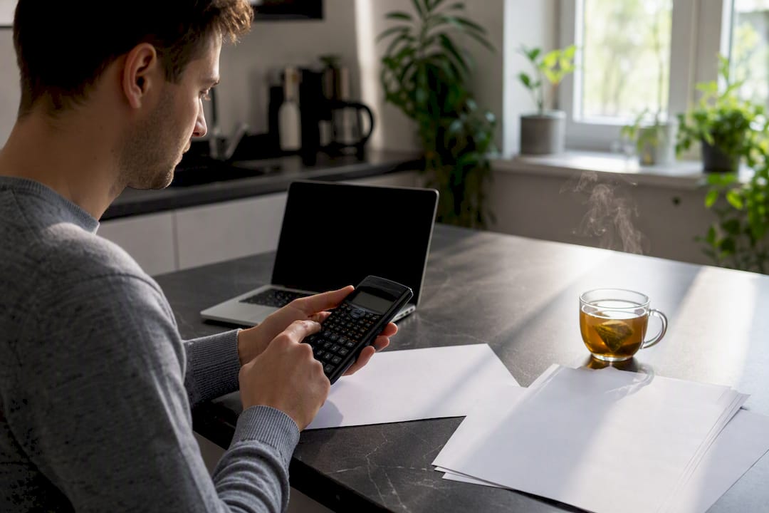 Hands calculating rental income with property documents