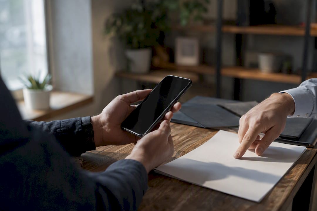 Hands cross-checking contract authenticity via devices