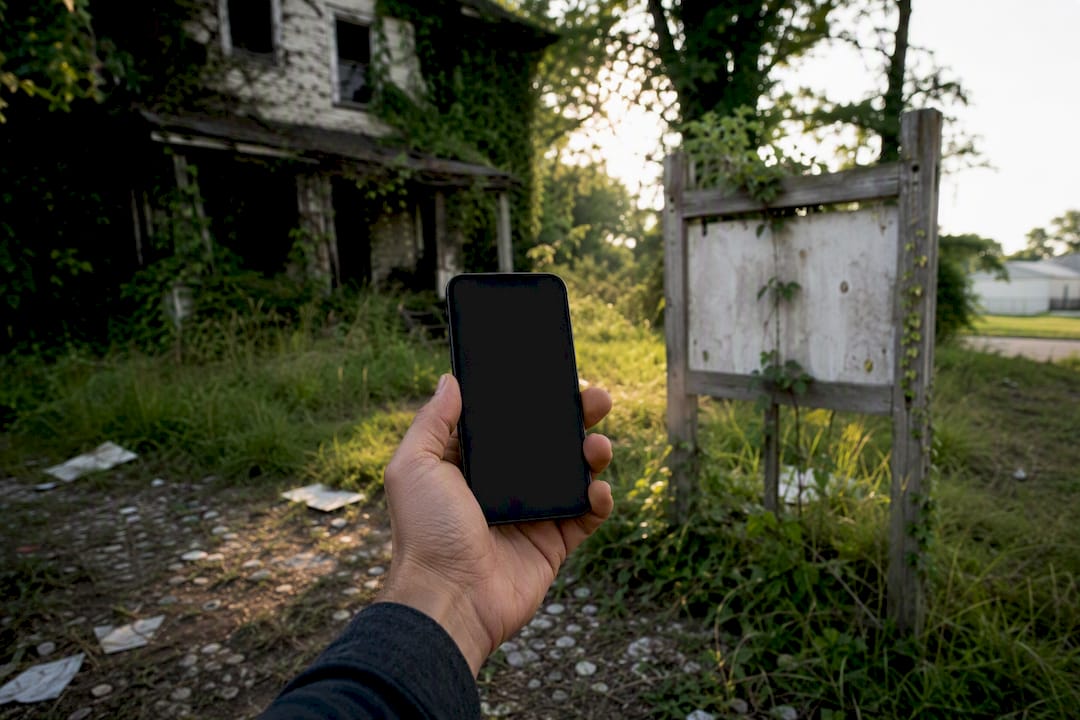 Hand with smartphone near distressed house for mapping