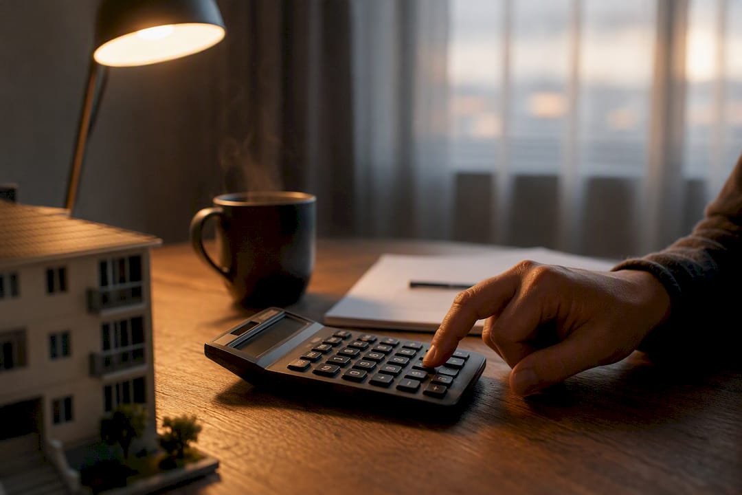 Investor calculating rehab costs with model building nearby