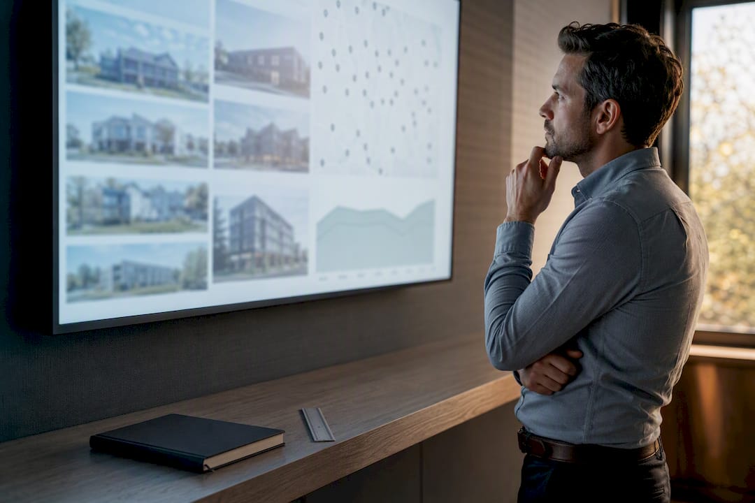 Analyst reviewing AI property valuation data
