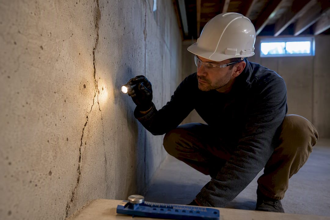 Structural engineer examining a foundation wall crack