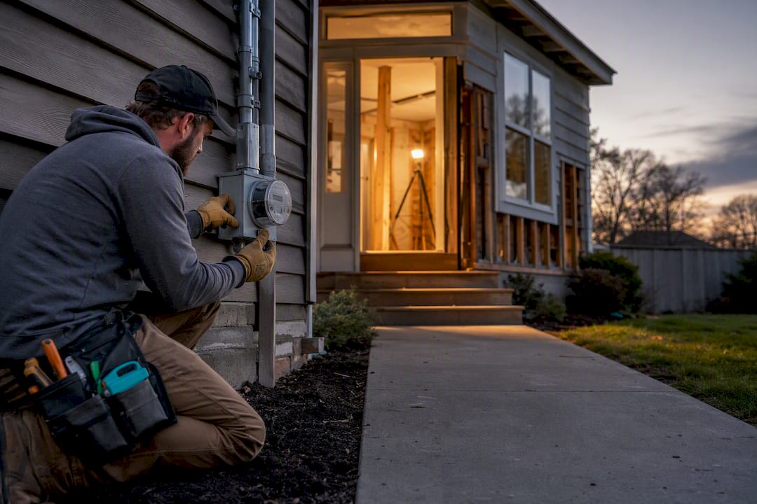 Contractor inspecting utilities at vacant rehab property