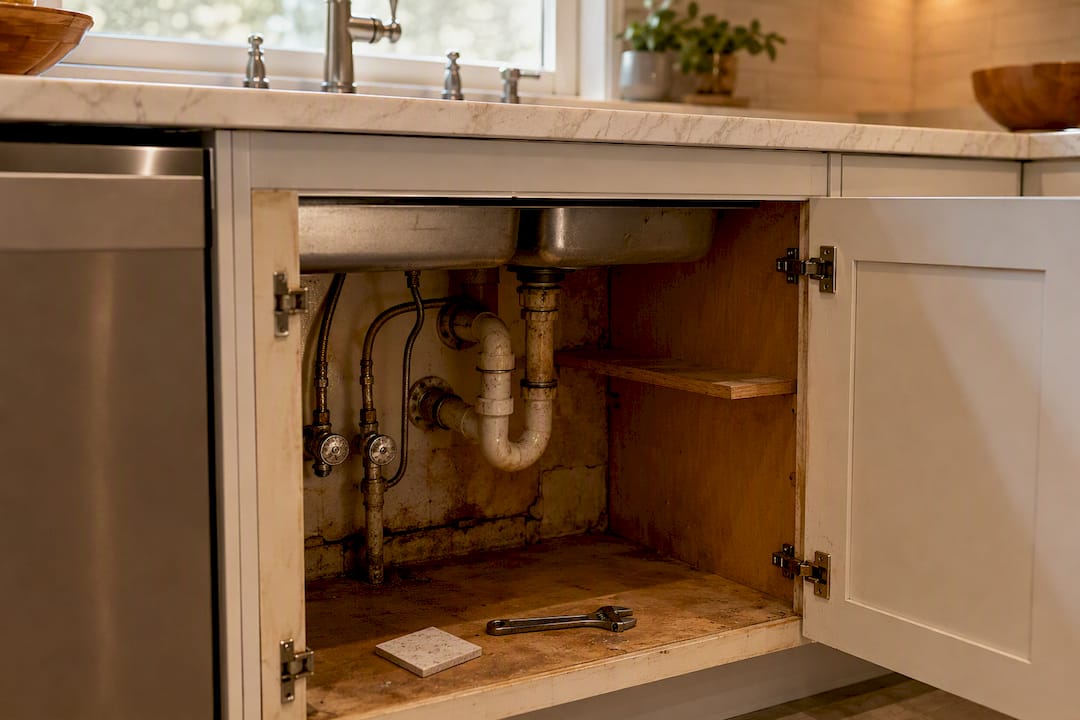 Aging kitchen cabinet and exposed plumbing