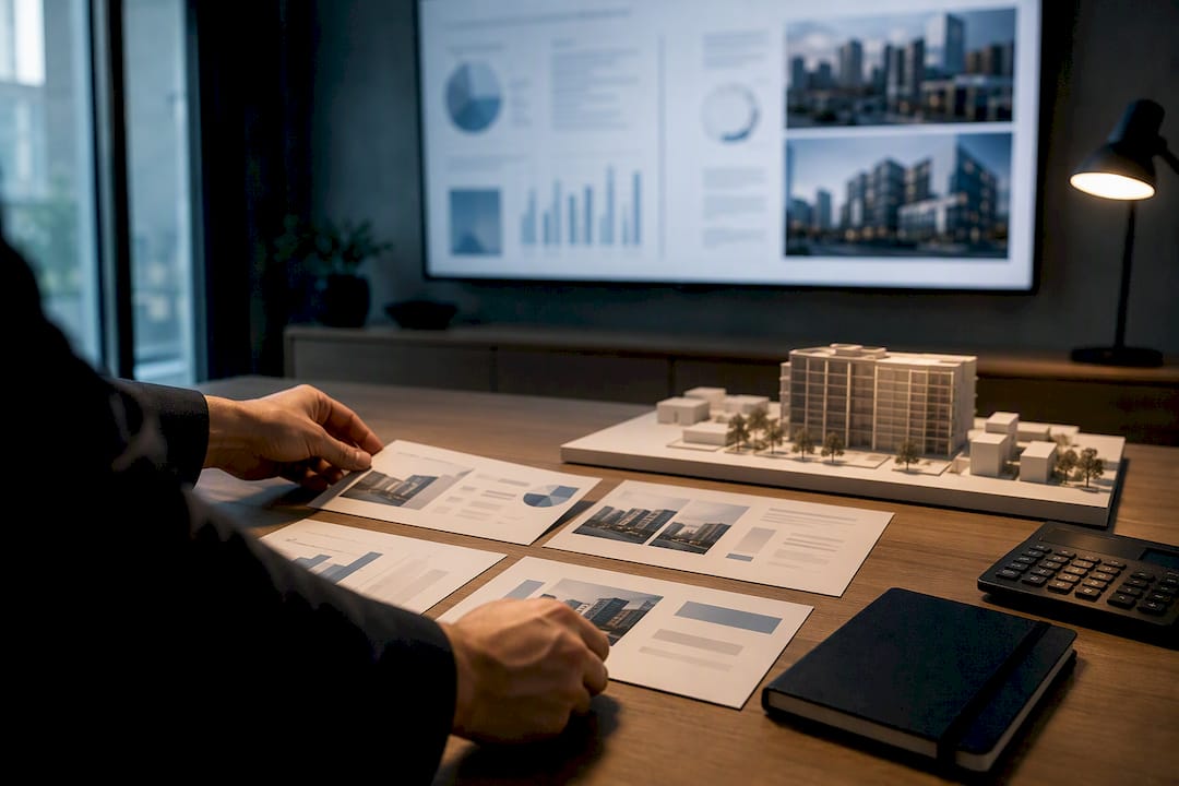 Investor reviewing an underwriting presentation dashboard