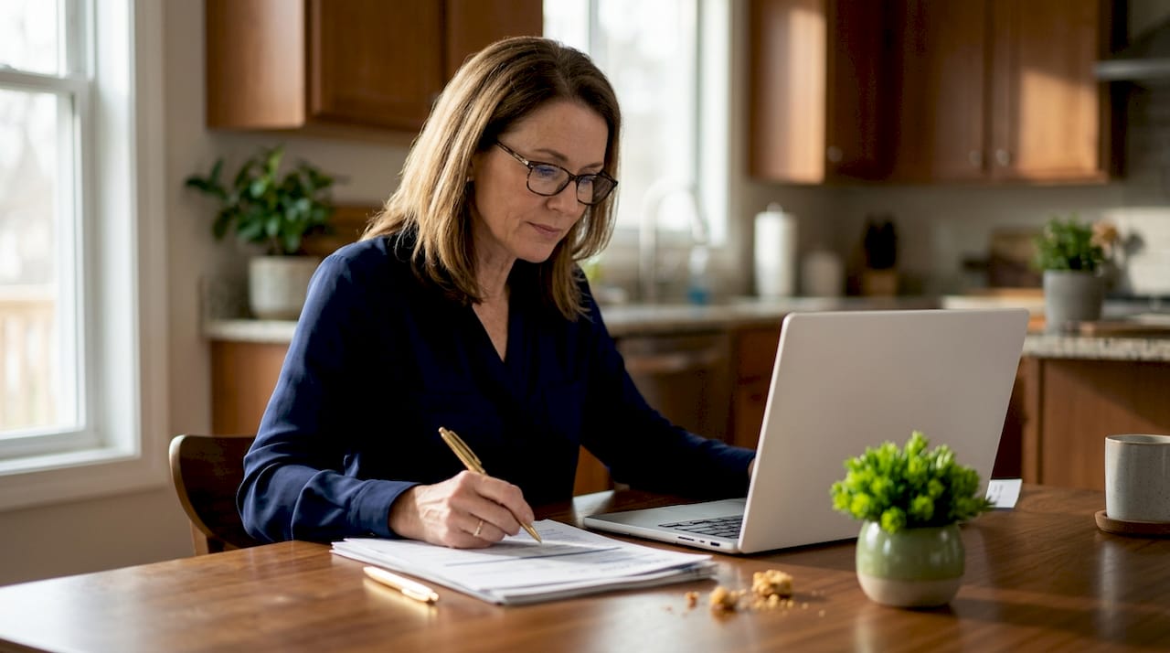 Woman reviewing HELOC paperwork at home