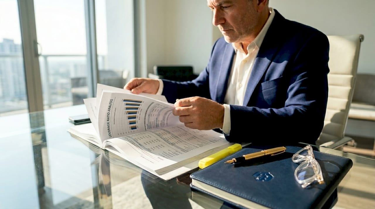 Investor reviewing leverage ratio documents