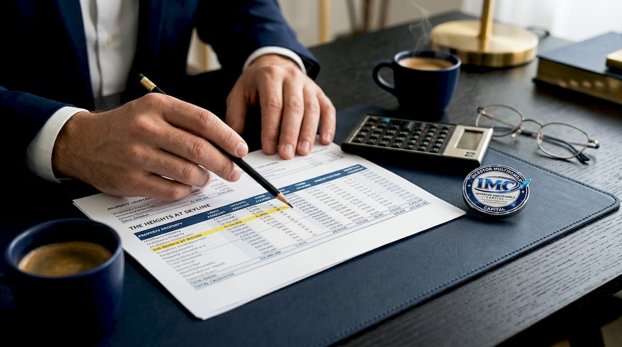 Hands pointing at loan calculation spreadsheet with calculator