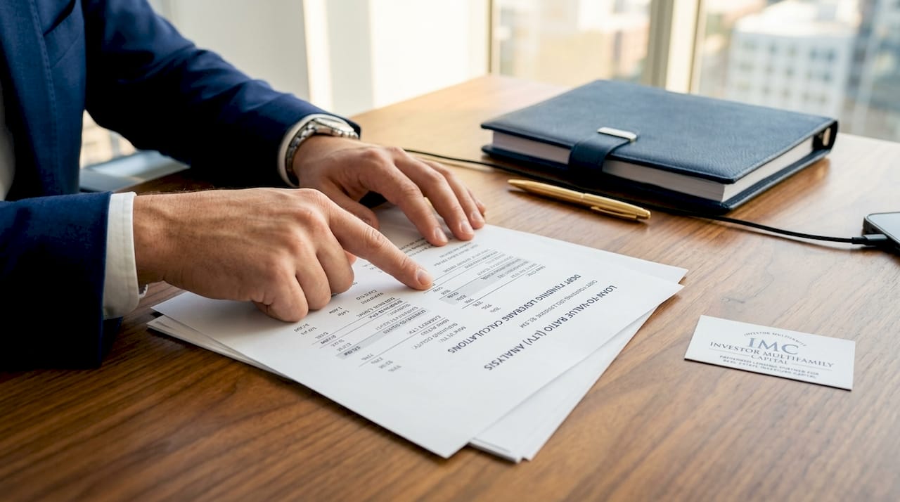 Hands examining loan and leverage calculation documents