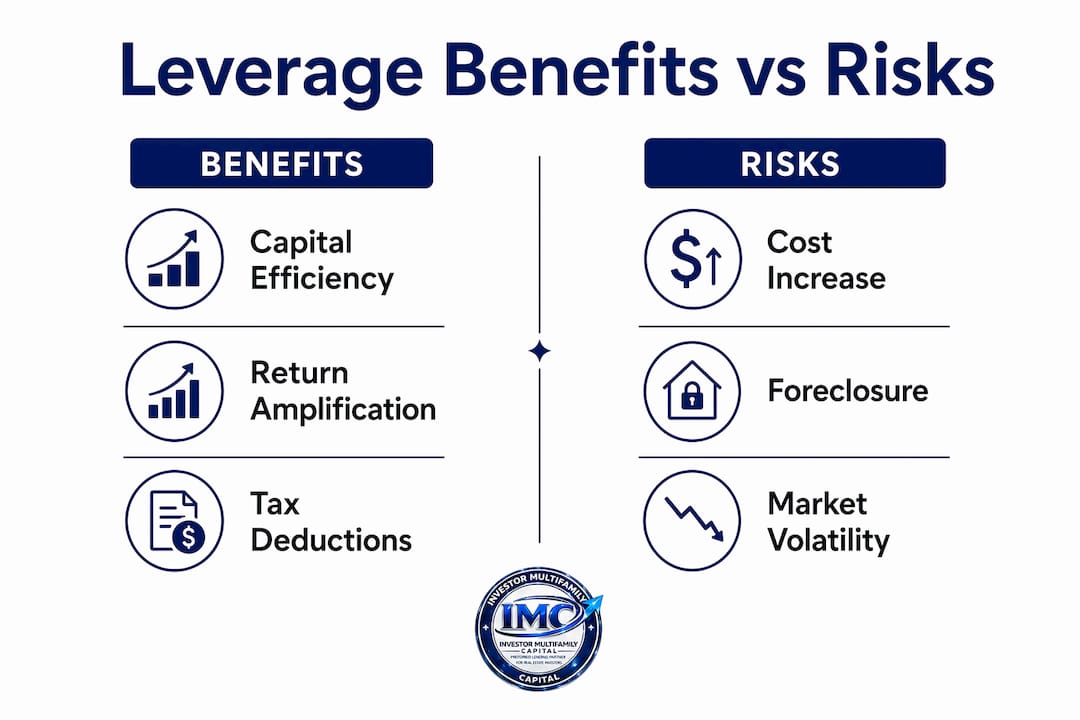 Infographic comparing benefits and risks of real estate leverage