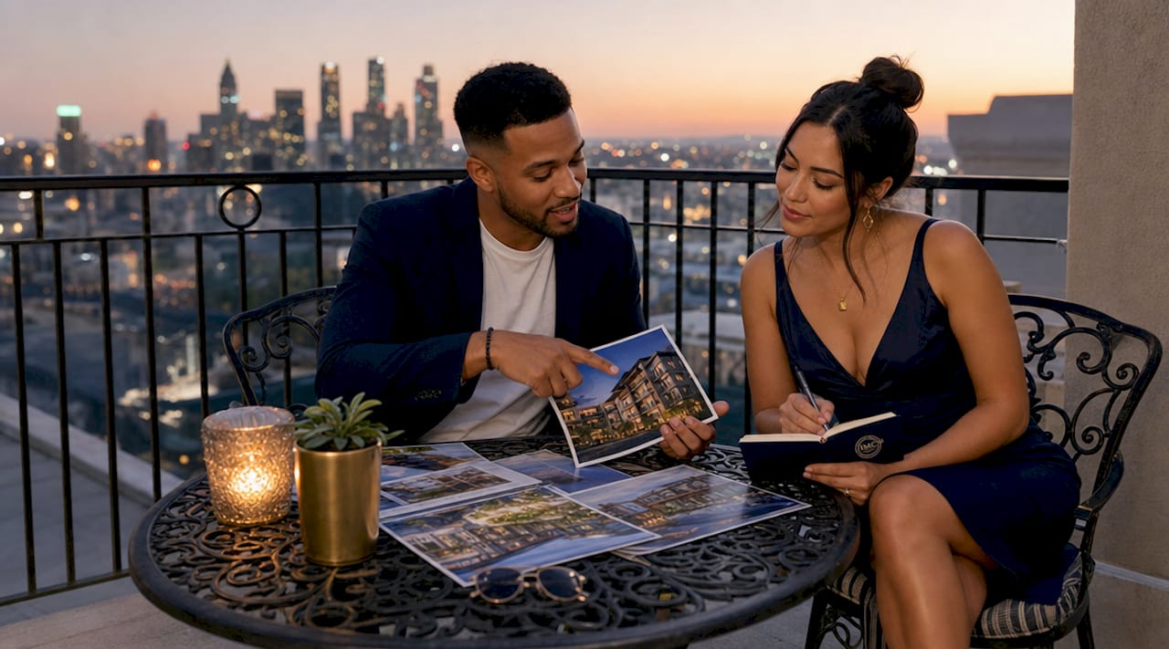 Couple discussing diverse real estate asset brochures