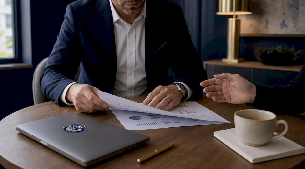 Hands reviewing STR revenue projection report