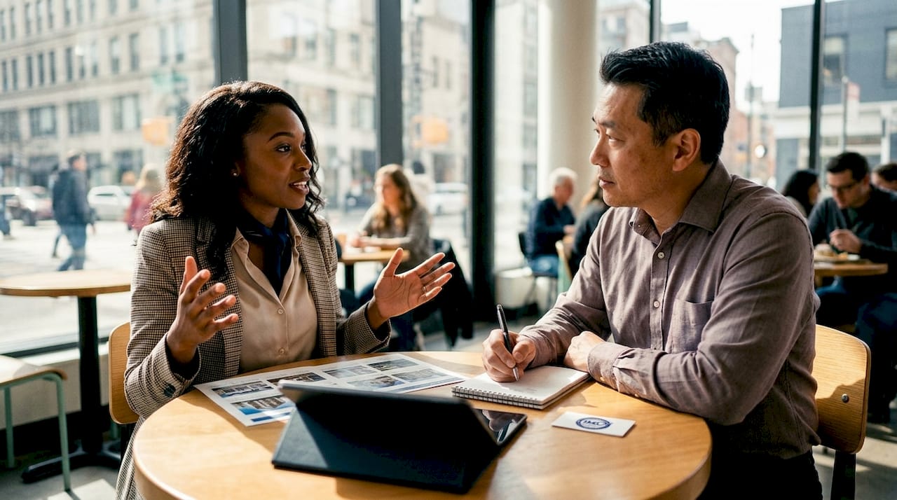 Investor and lender discussing portfolio loan in conference room