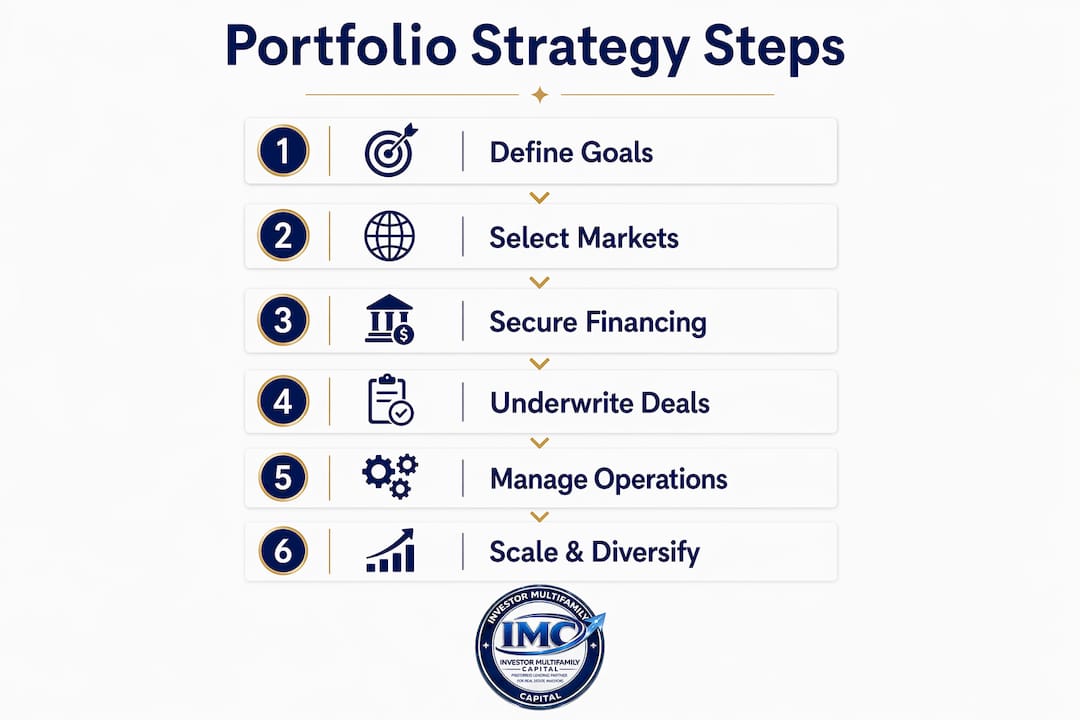 Infographic showing steps to build multifamily portfolio strategy