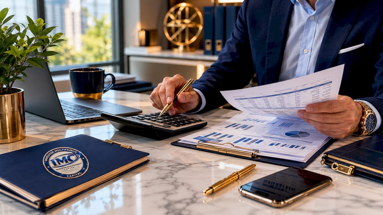 Hands calculating property underwriting financial metrics