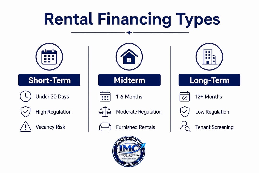 Infographic comparing short-term, midterm, and long-term rental financing