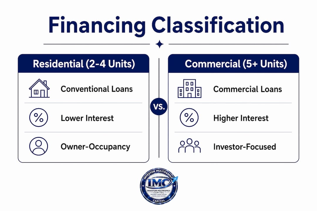 Infographic comparing residential and commercial multifamily financing classifications