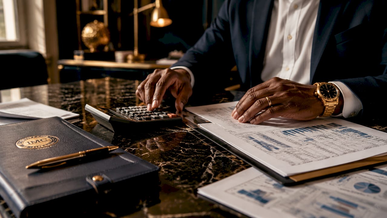 Close-up investor hands using calculator on papers