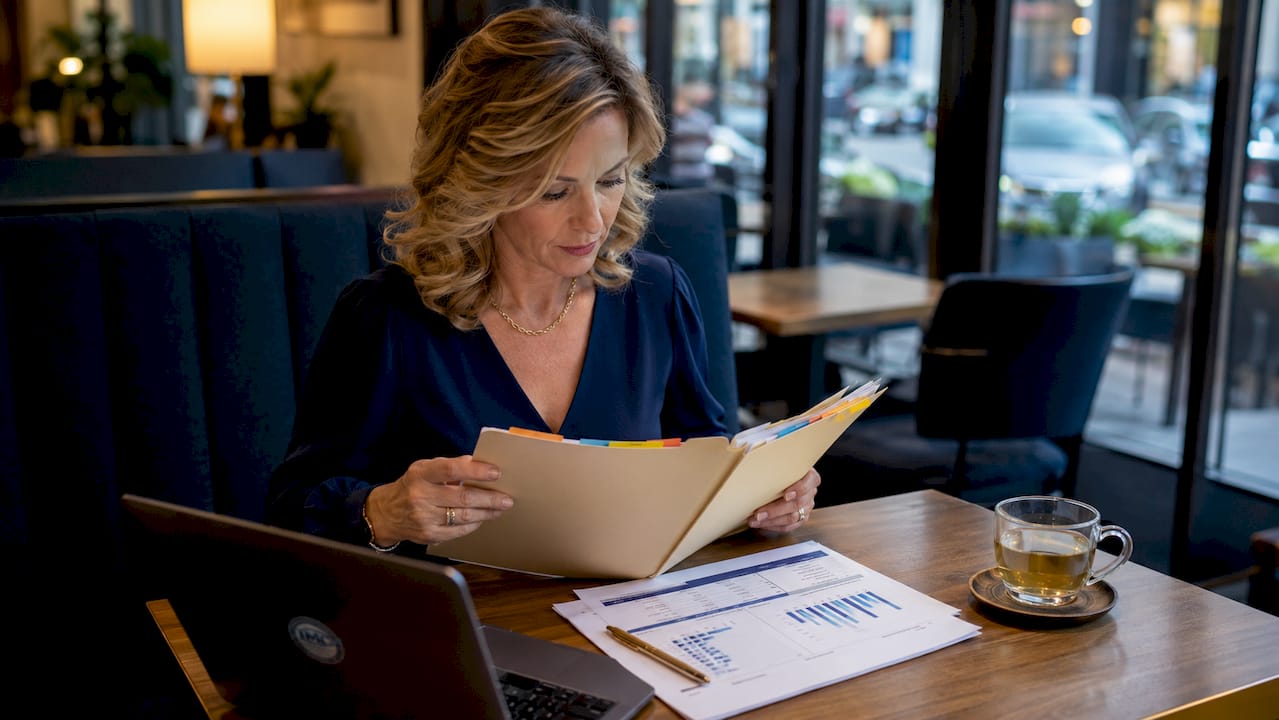 Hands sorting loan comparison documents on desk