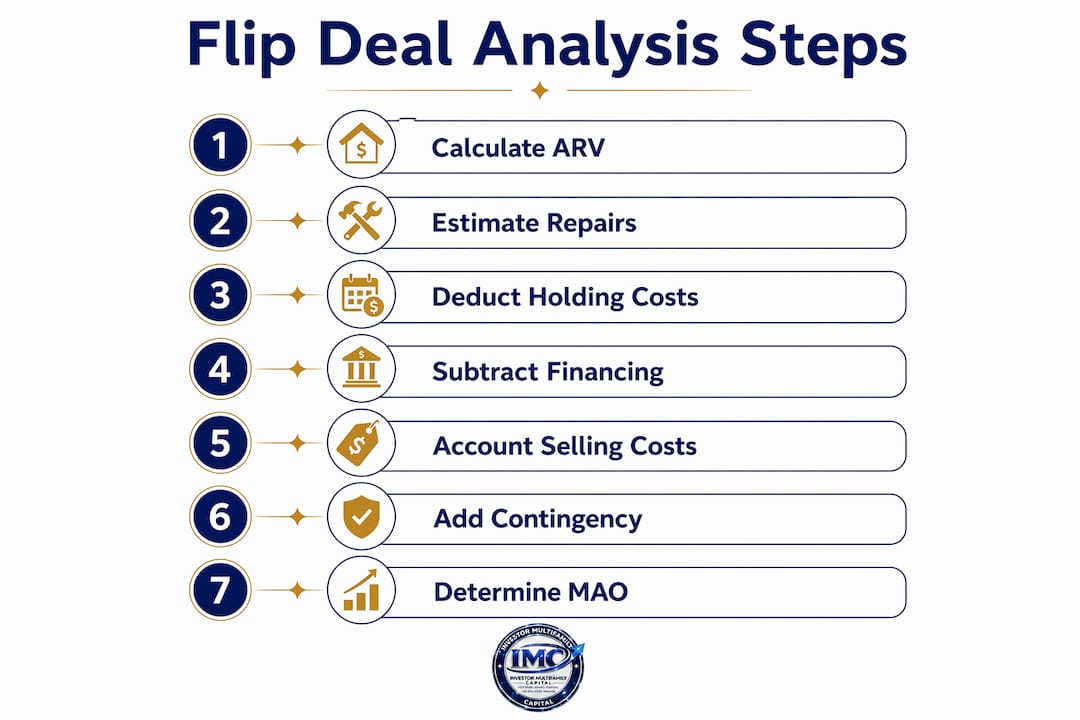 Infographic showing steps for flip deal analysis