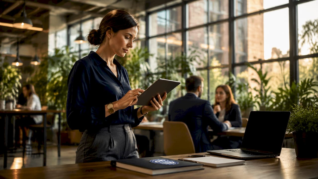 Female analyst reviewing rent roll on tablet