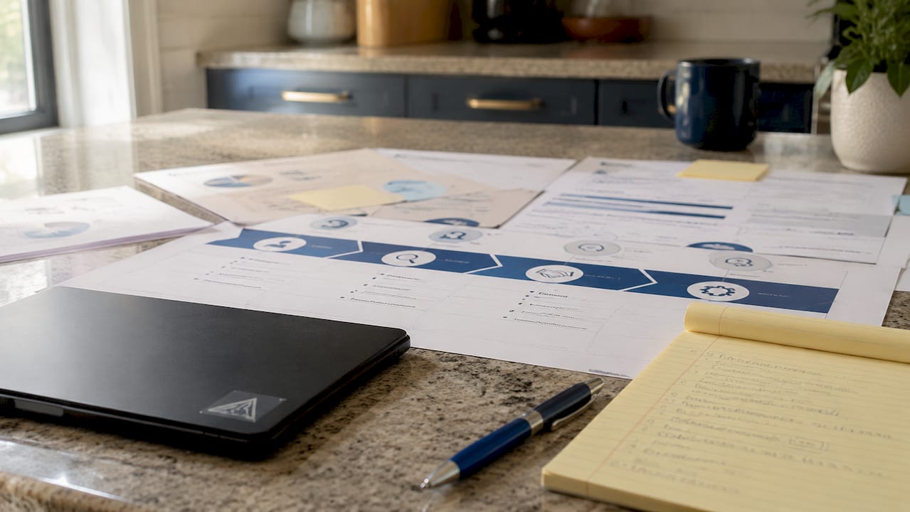 Printed customer journey touchpoints charts flat lay