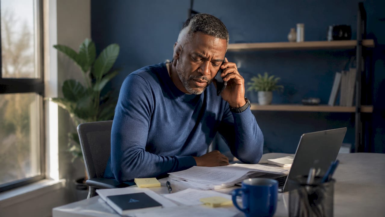 Frustrated customer on phone at home desk