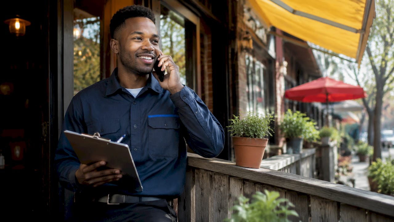 Technician making customer follow-up call outdoors