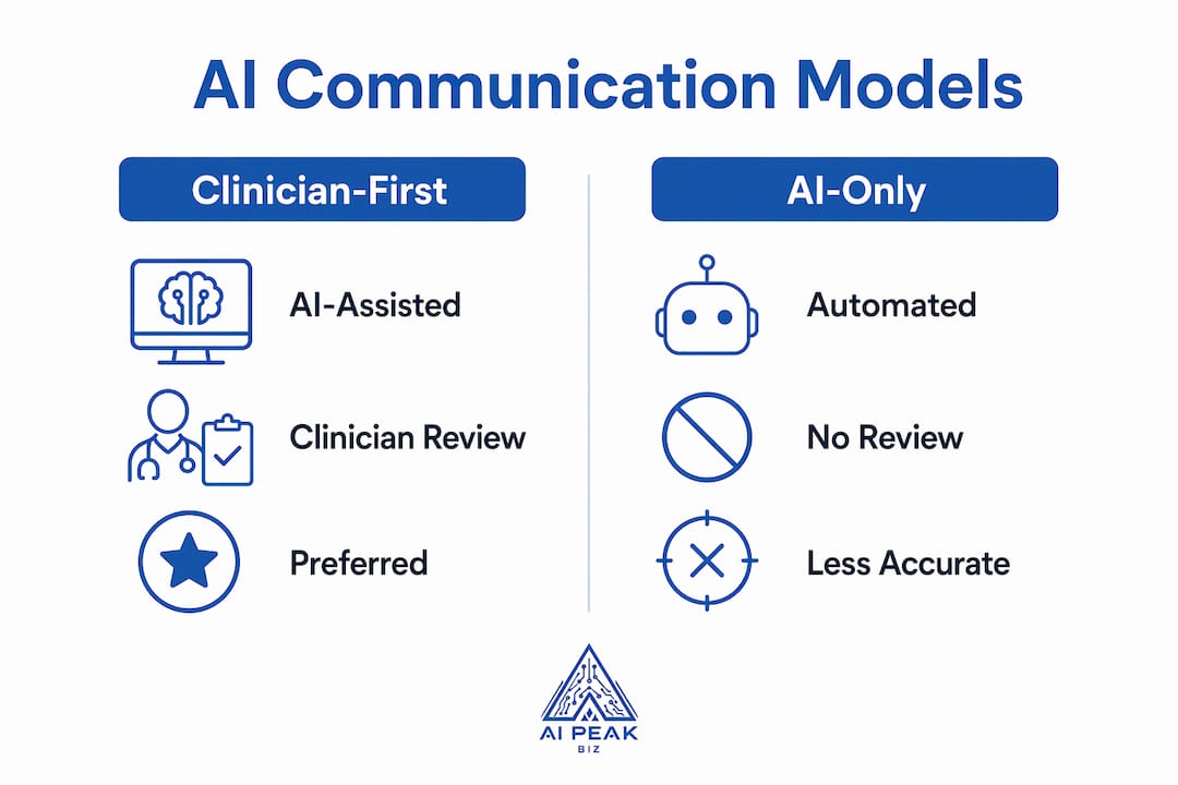 Infographic comparing clinician-first and AI-only communication models