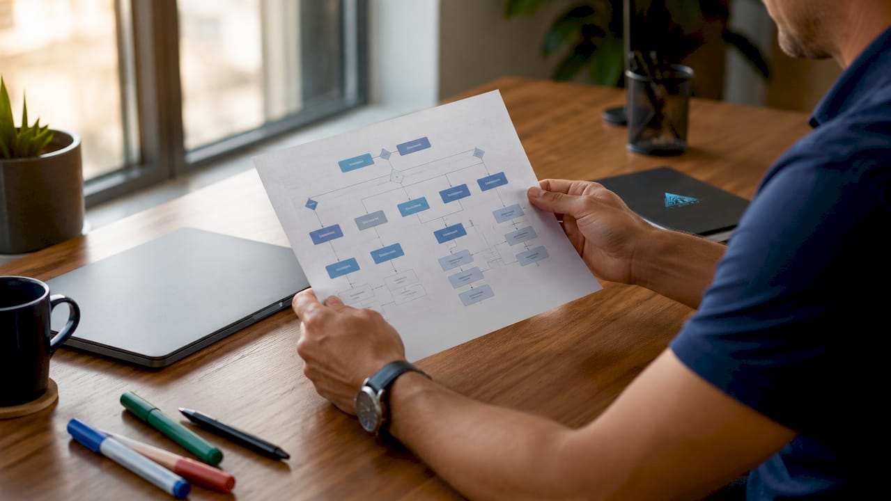 Hands holding AI customer experience framework printout