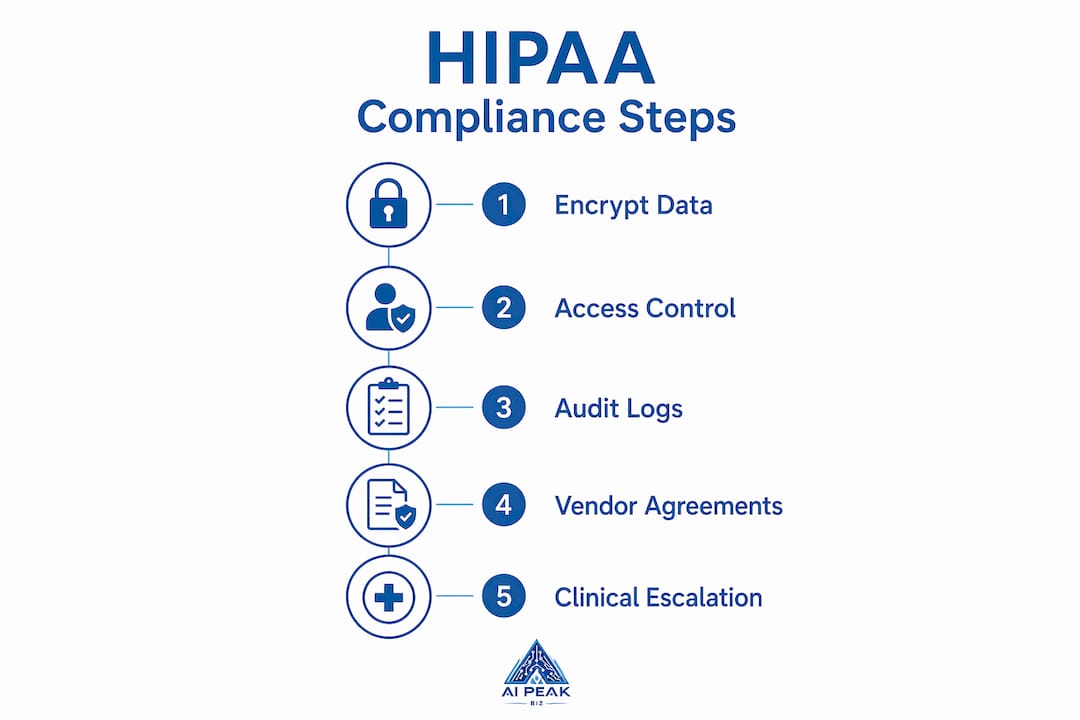 Infographic illustrating HIPAA compliance steps for AI messaging