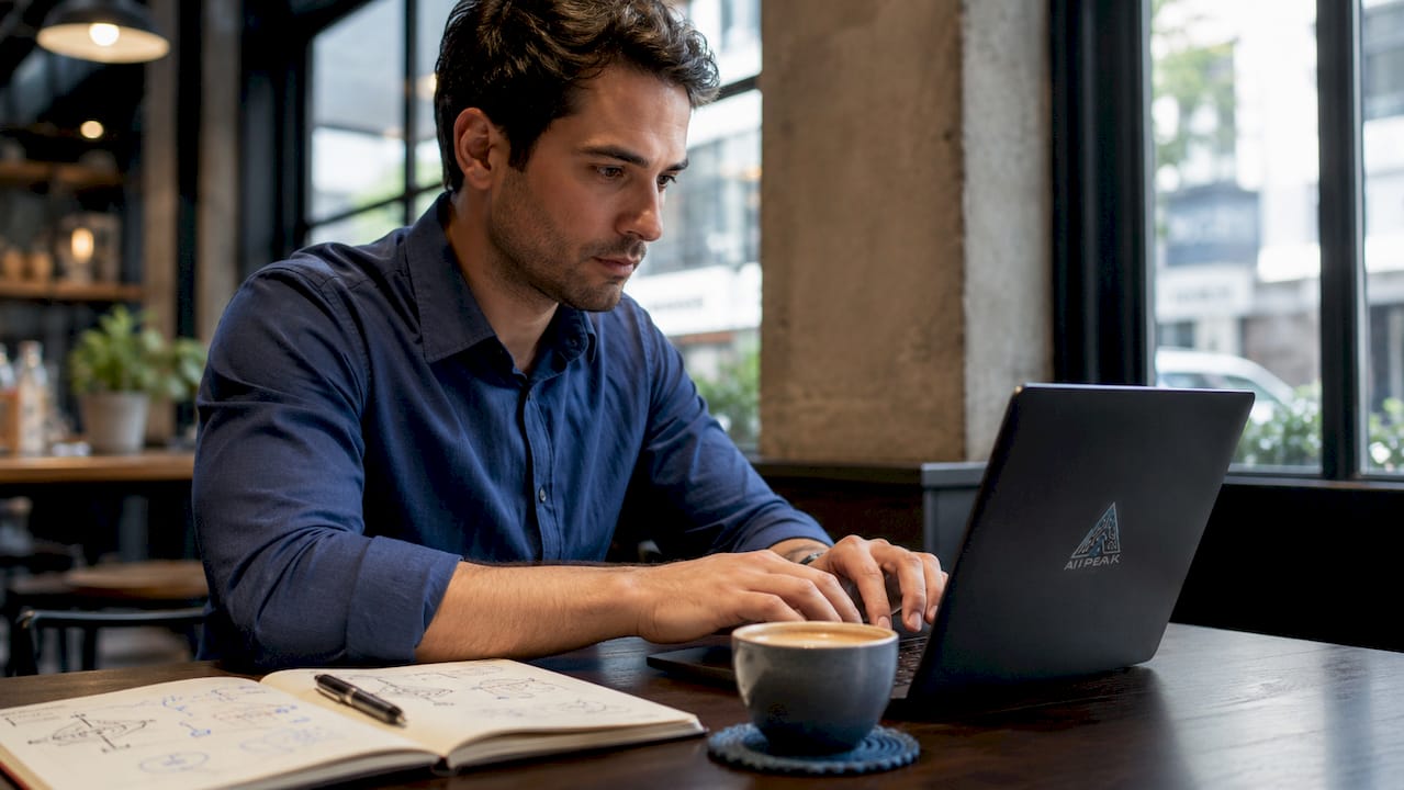 Hands typing next to AI marketing process notes