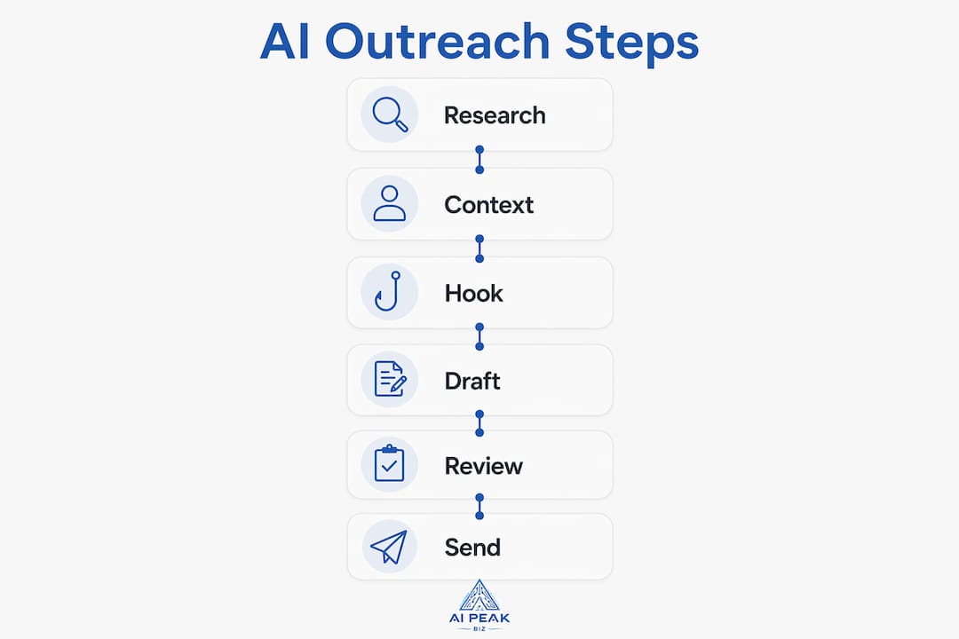 Infographic illustrating six-step AI outreach process