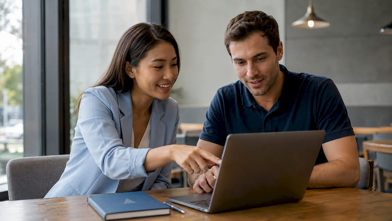 Two employees discussing AI answering workflow