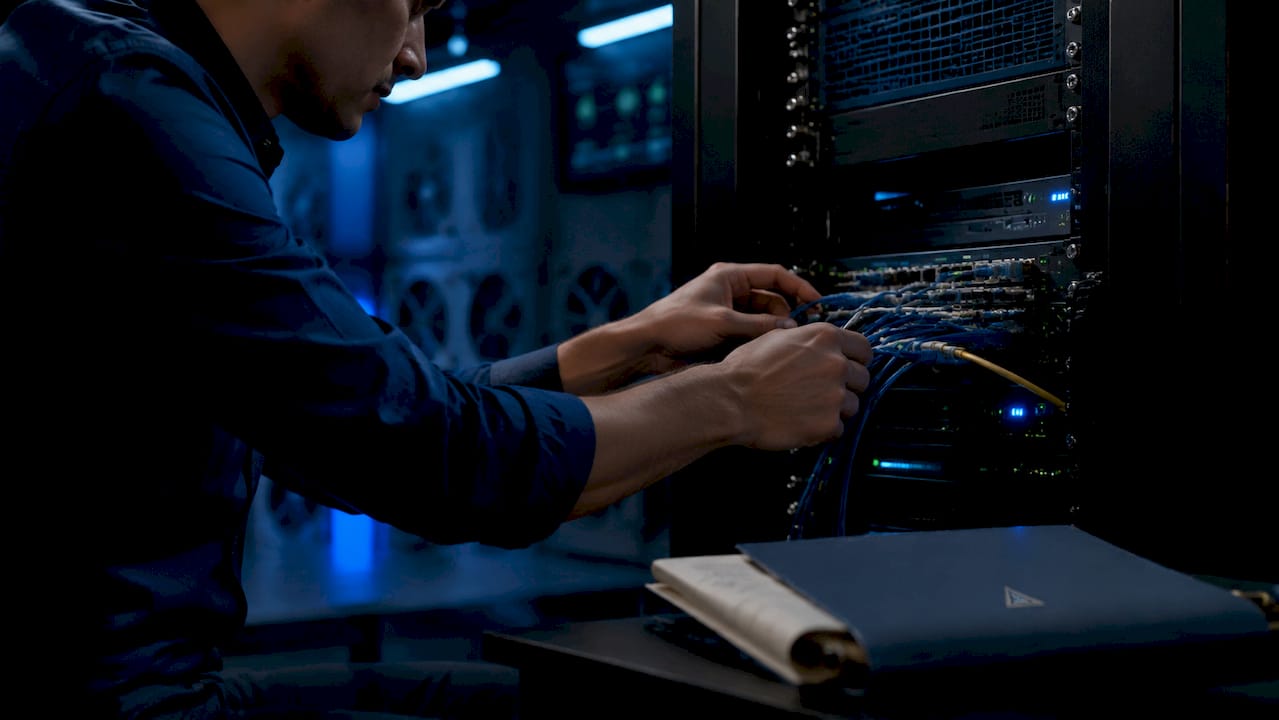 Technician connecting cables to clinic AI server