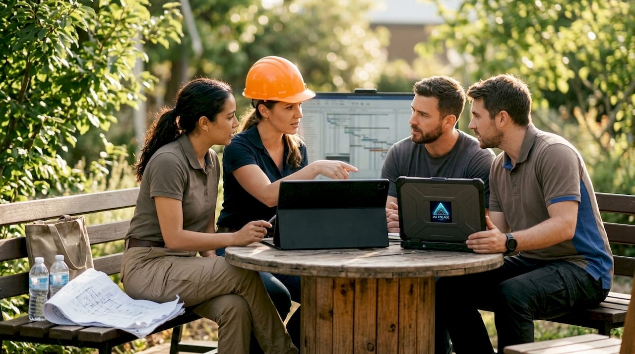 Construction team collaborating over AI schedule display